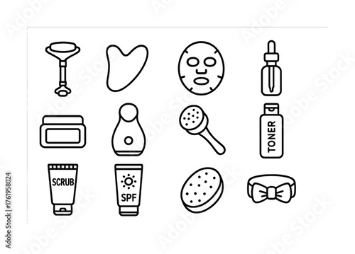 Black and white skincare icons featuring tools and products for facial treatment