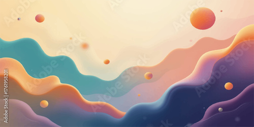 Abstract flowing waves of pastel colors with floating spheres in a dreamy ethereal landscape