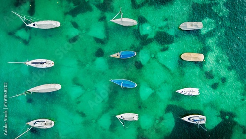 Bird's-eye view of anchored boats on Lake Zurich