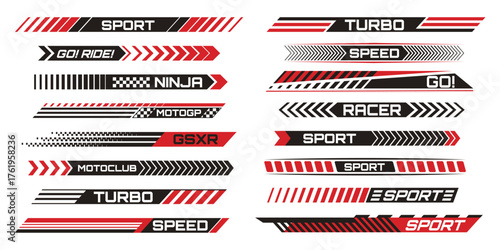 Racing stripe decals for motorcycle customization with bold red and black sticker graphics. Dynamic speed lines, chevron arrows, checkered patterns and sporty text labels for vehicle branding design.