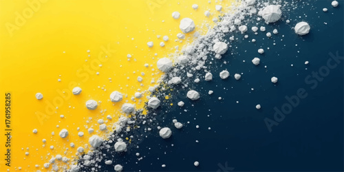 Abstract diagonal split background with yellow and dark blue divided by white particles