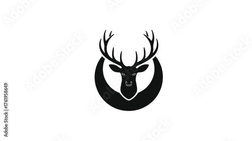 A silhouetted deer's head with antlers centered within a crescent-shaped element, on a white backdrop