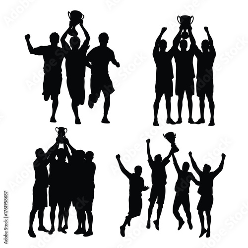 Set of Football Team Silhouettes Celebrating  Victory and Lifting Trophies