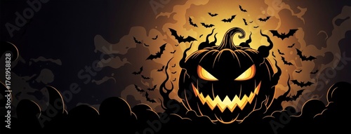 Spooky pumpkin illustration : An ominous Halloween illustration, featuring a grinning Jack-o'-Lantern at the heart of the scene.