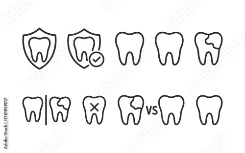 Dental health and tooth care icons set. Healthy teeth, cavity, protection, prevention, dentistry. Outline vector illustrations