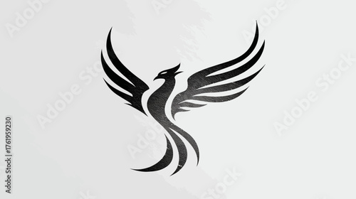 A stylized illustration of a bird with spread wings and flowing tail, against a textured gray background