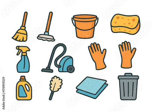 Cleaning supplies set with mop, broom, gloves, and vacuum icons