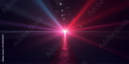 Bright pink and blue light flares emanating from a central point in the darkness