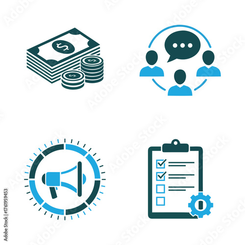 Four business icons representing finance marketing communication and task management