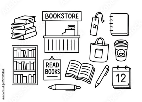 Bookstore essentials: books, stationery, coffee, calendar, bookmark, bag