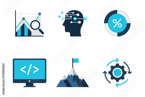 Modern data analysis technology and business success icons set blue