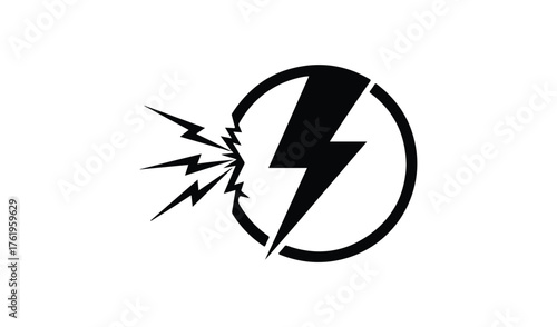 Black lightning bolt symbol inside an oval with radiating energy