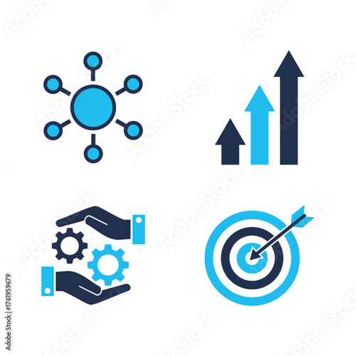 Business growth strategy icons network management target achievement and teamwork concepts