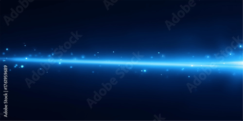 Abstract glowing blue light streak with sparkling particles on a dark blue background