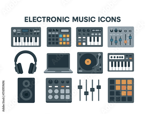 Electronic music icons set with synthesizers, turntable, and headphones