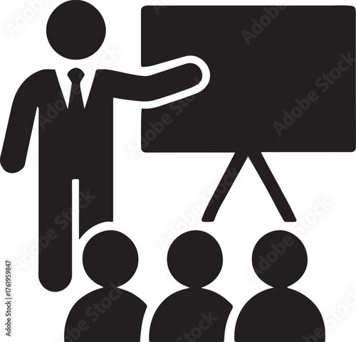 Minimal icon of business presentation silhouette on board, representing corporate training.