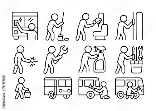 Vector icons of bus maintenance and cleaning activities