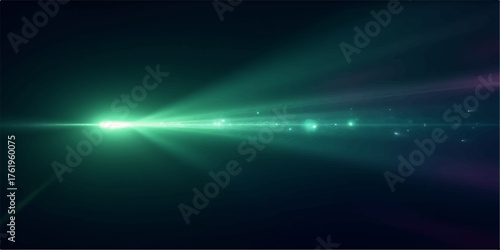 Bright green lens flare effect with light streaks and bokeh on dark background