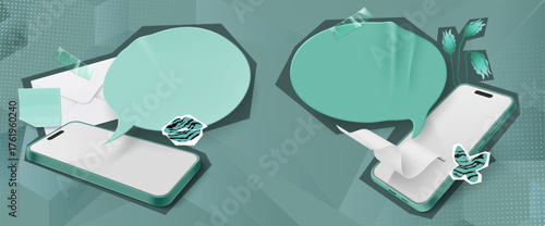 Green phone mockups with speech bubbles and paper elements for messaging app or chat interface design. Smartphone screens with envelope and decorative stickers. Modern communication concept.