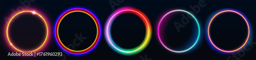 Glowing neon circle halo frames with vibrant rainbow gradient effects for futuristic UI or cyberpunk design. Colorful ring light borders on dark background with electric glow. Digital portal elements