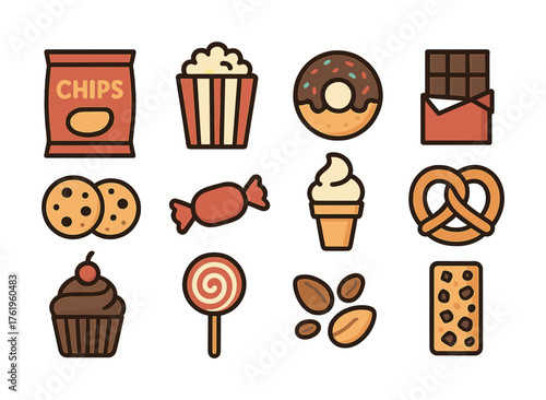 Colorful variety of snacks and sweets icons set