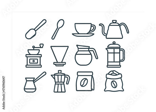 Coffee brewing tools: french press, moka pot, drip maker, cup, kettle, grinder, scoop icon set