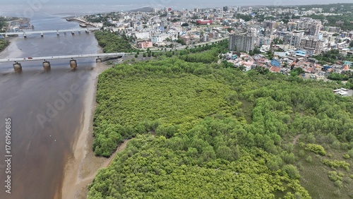 Photography High-resolution aerial photograph showcasing a vibrant coastal city in India, bo