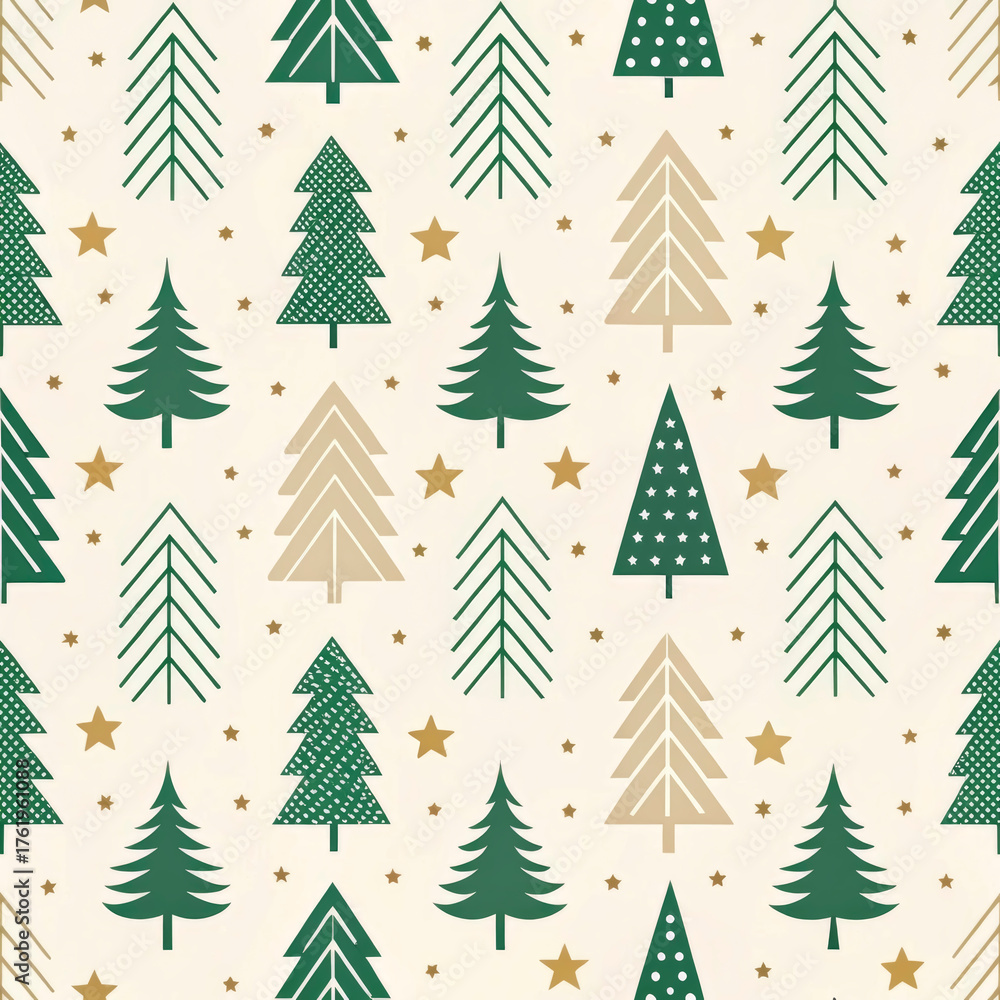 Obraz premium Colorful winter pattern displaying green and beige trees along with festive stars, perfect for New Year and Christmas celebrations in 2026. A cheerful backdrop for holiday joy