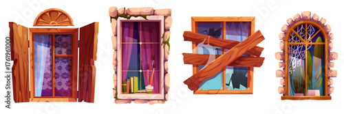 Decorative window shutter designs with wooden blinds, stone frames and broken planks for building facades or game assets. Arched openings with curtains and glass panes. Architectural exterior elements