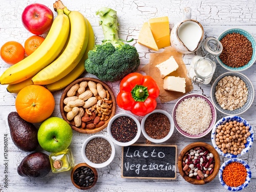 Lacto Vegetarian Diet Ingredients with Fresh Fruits, Vegetables, Nuts, and Dairy Products