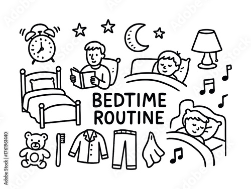 Child bedtime routine: reading and sleeping with pajamas and nighttime essentials