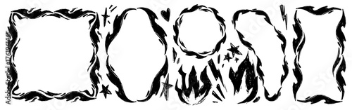 Black flame scribble frames with rough brush strokes and stars for gothic or alternative designs. Hand drawn fire borders with heart and lightning elements. Edgy decorative outlines collection.