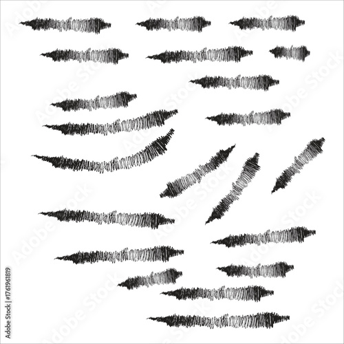 This image depicts a scattered collection of abstract, scribbled lines in black and white. The lines are irregular and textured, resembling rough brushstrokes or perhaps scratch marks. They are arrang