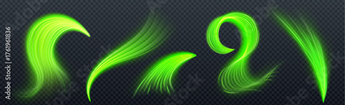Neon green flare streak effects with glowing curved trails and swirls for futuristic designs or energy visuals. Bright luminous waves and spirals with soft light. Dynamic motion elements collection.