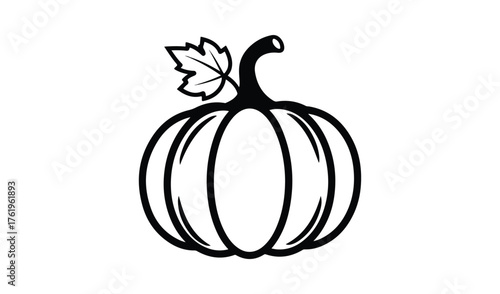 Simple outline drawing of a pumpkin with a stem and leaf