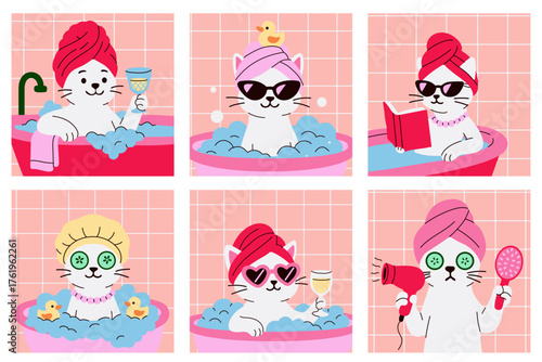 Set of cute cartoon cats in bathtubs enjoying spa and beauty routines with towels, drinks, sunglasses, and bubbles