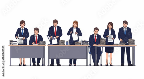 A group of business professionals in suits are diligently working at their desks, sorting and organizing piles of paperwork and documents.