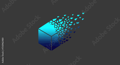 Abstract geometric cube icon with a dispersion effect, a vector illustration representing digital transformation and data fragmentation