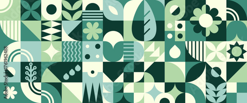 Geometric bauhaus pattern with green plant motifs - abstract leaves, flowers, leaves and circles in modernist grid composition. Retro nature elements with bold shapes for wallpaper or textile design.