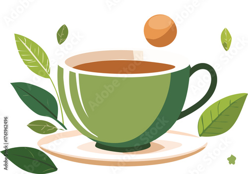 Green tea cup with leaves vector illustration