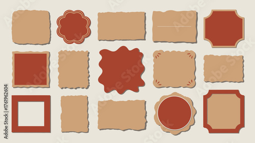 Collection of vintage paper frames and torn paper elements in brown and rust colors for scrapbooking and journaling designs