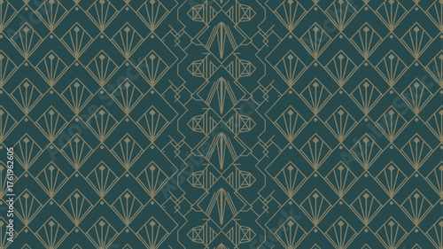 Intricate art deco geometric pattern with repeating stylized fan or feather motifs in deep teal and metallic gold accents