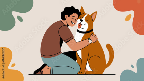 A person kneeling and embracing their beloved dog with affection and joy celebrating the human animal bond