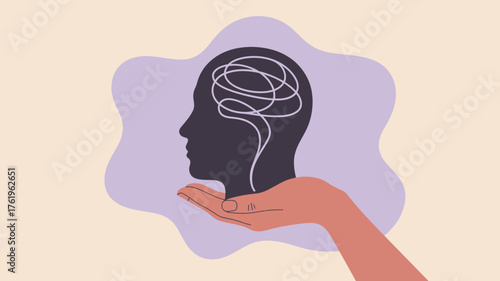 Silhouette of a human head with tangled lines representing confused thoughts held gently in an open hand symbolizing mental health support