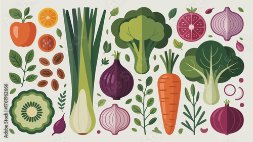Vibrant flat design illustration of fresh vegetables and fruits arranged artfully on a light background