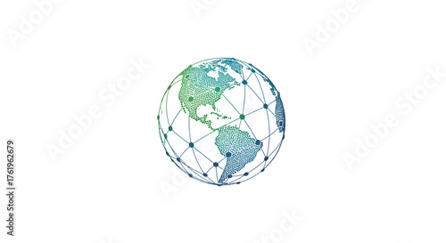 Stylized globe icon with a network of connected dots and lines, symbolizing global communication, technology, and interconnectedness