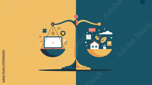 Balancing the scales of modern life showing technology and work on one side and nature and home on the other