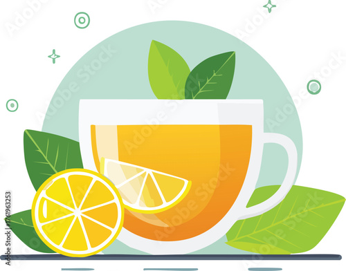 Glass cup of fresh lemon tea with green leaves vector