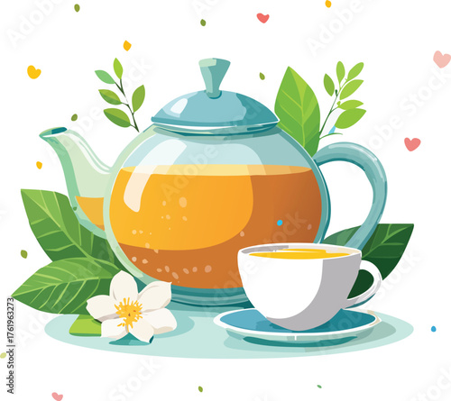 Soothing herbal tea in elegant teapot and cup setup