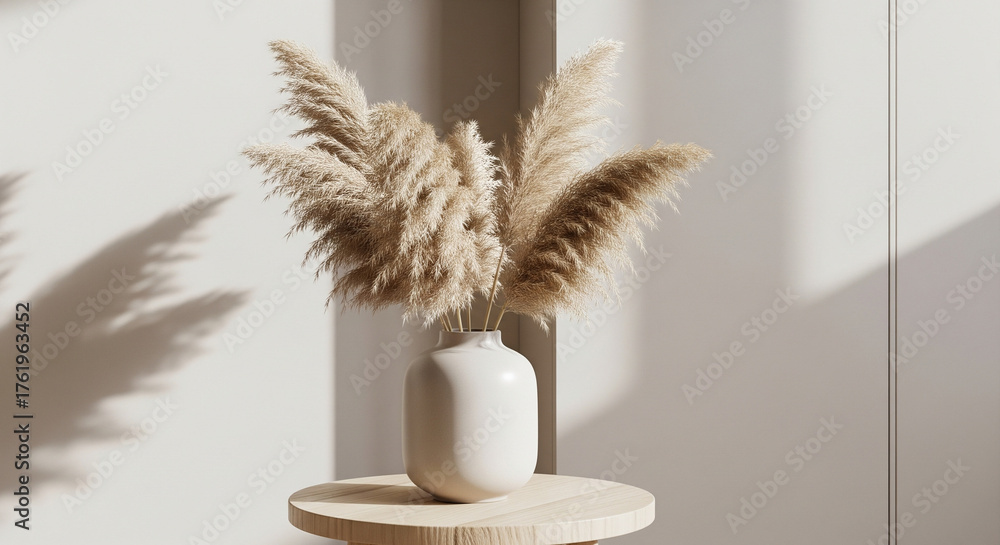 Naklejka premium Minimalist Still Life: Fluffy Pampas Grass in a White Vase A clean, minimalist close-up shot of a decorative arrangement featuring voluminous, light-beige pampas grass plumes